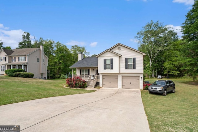 1605 Deer Creek Ln, Monroe, GA 30655 - tri-level home with a garage, a front yard, concrete driveway, a porch, and a chimney