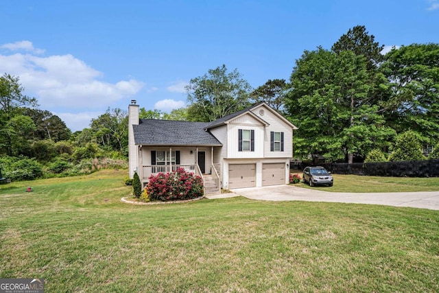 1605 Deer Creek Ln, Monroe, GA 30655 - tri-level home featuring a chimney, an attached garage, concrete driveway, a porch, and a front lawn
