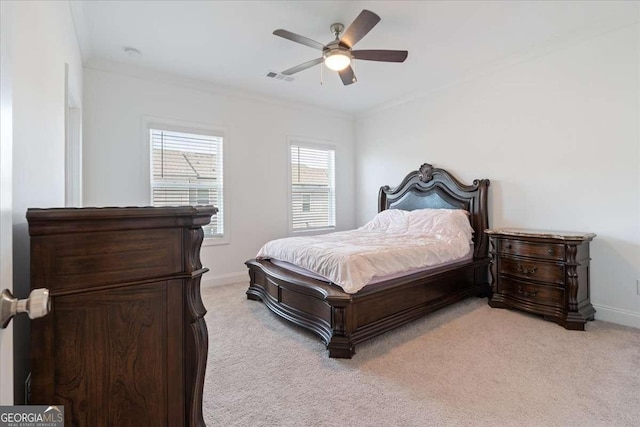 1309 Bennett Creek Ovlk, Suwanee, GA 30024 - bedroom with light carpet, ornamental molding, baseboards, and a ceiling fan