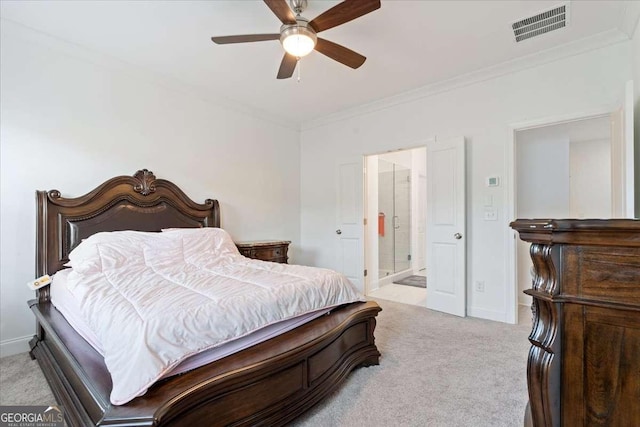 1309 Bennett Creek Ovlk, Suwanee, GA 30024 - bedroom featuring ornamental molding, carpet flooring, connected bathroom, baseboards, and ceiling fan
