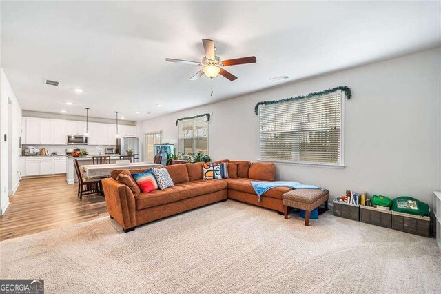 179 Leyland Xing, Dallas, GA 30132 - living room featuring a ceiling fan, light wood-style flooring, and recessed lighting