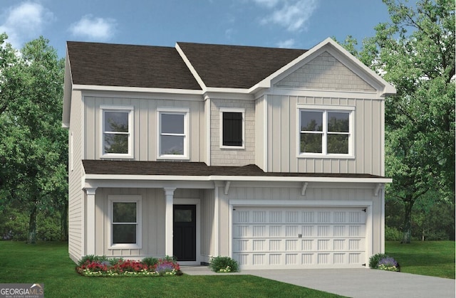 view of front of house with board and batten siding, a front lawn, an attached garage, driveway, and roof with shingles
