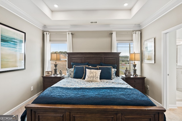 bedroom with carpet flooring, a tray ceiling, and multiple windows