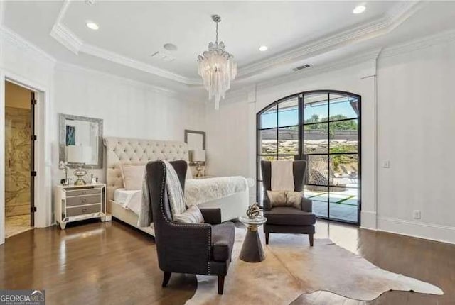 2242 Shoal Creek Rd, Buford, GA 30518 - bedroom featuring a raised ceiling, access to outside, wood finished floors, a chandelier, and ornamental molding