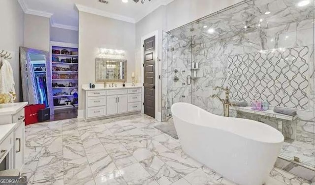2242 Shoal Creek Rd, Buford, GA 30518 - full bathroom with crown molding, marble tiled flooring, a freestanding tub, vanity, and a marble finish shower