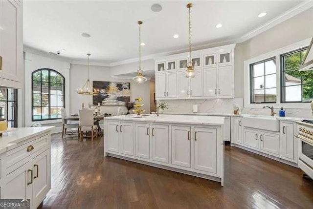2242 Shoal Creek Rd, Buford, GA 30518 - kitchen featuring a sink, ornamental molding, dark wood-style flooring, light countertops, and white cabinetry