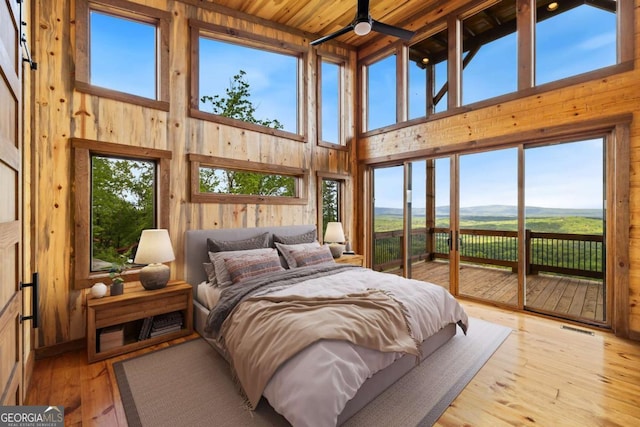 885 Tower Rd, Mineral Bluff, GA 30559 - bedroom with high vaulted ceiling, wooden walls, access to exterior, wooden ceiling, and light wood finished floors