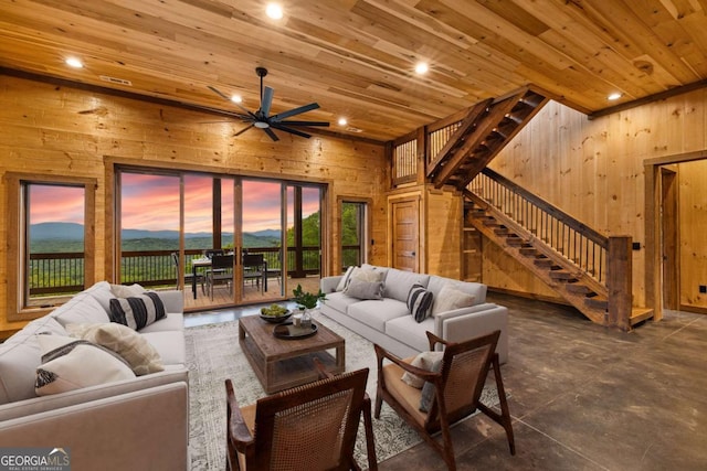 885 Tower Rd, Mineral Bluff, GA 30559 - living room featuring wood walls, stairway, recessed lighting, ceiling fan, and wooden ceiling