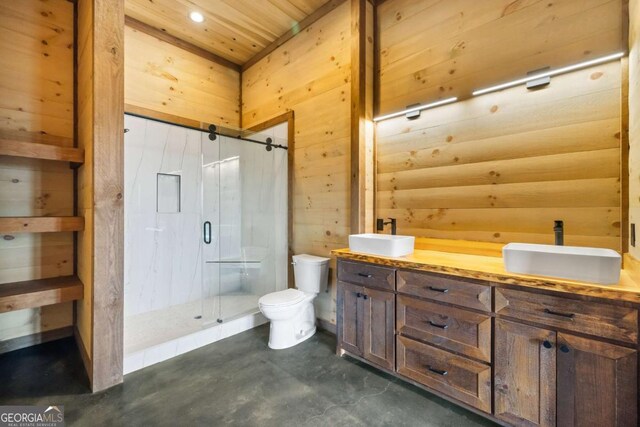 885 Tower Rd, Mineral Bluff, GA 30559 - full bath with toilet, a stall shower, concrete flooring, wood walls, and wood ceiling