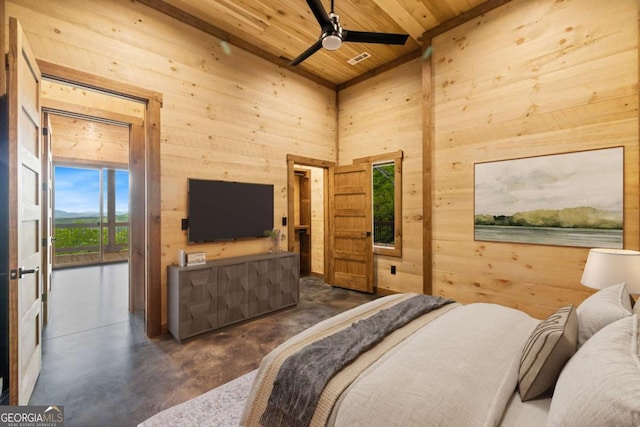 885 Tower Rd, Mineral Bluff, GA 30559 - bedroom featuring wooden ceiling, wood walls, finished concrete flooring, and a ceiling fan