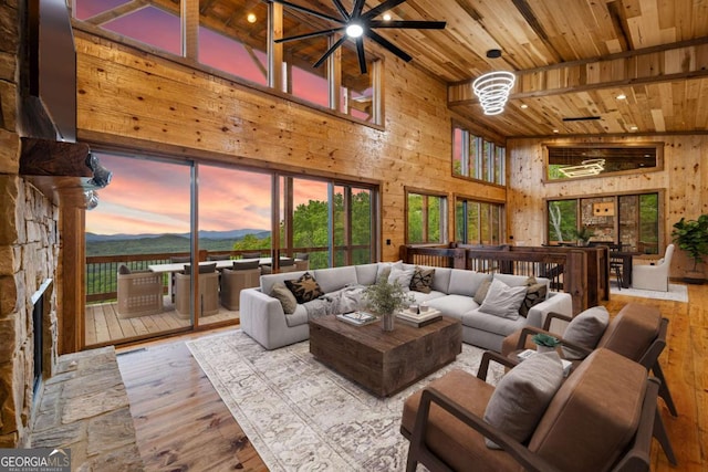 885 Tower Rd, Mineral Bluff, GA 30559 - living room featuring a towering ceiling, wooden ceiling, wood-type flooring, recessed lighting, and a mountain view