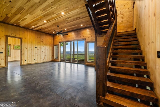 885 Tower Rd, Mineral Bluff, GA 30559 - staircase featuring wooden walls, wooden ceiling, concrete floors, recessed lighting, and a ceiling fan