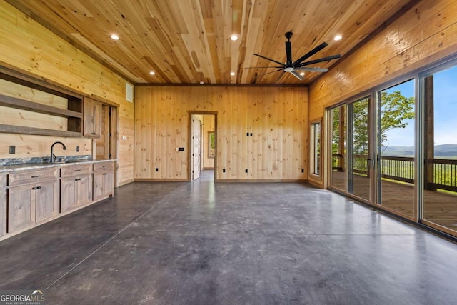 885 Tower Rd, Mineral Bluff, GA 30559 - unfurnished living room featuring recessed lighting, wooden ceiling, a ceiling fan, wood walls, and a sink
