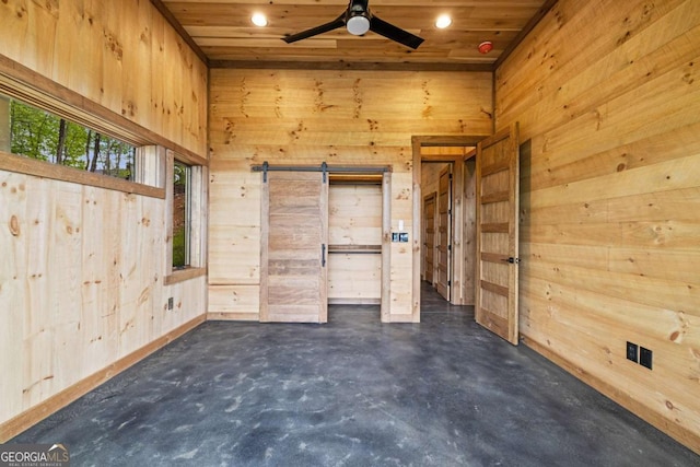 885 Tower Rd, Mineral Bluff, GA 30559 - empty room featuring wooden walls, concrete flooring, recessed lighting, a ceiling fan, and wood ceiling