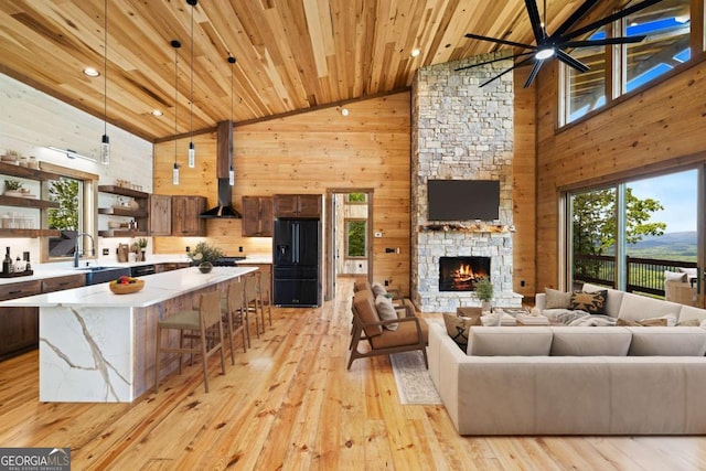 885 Tower Rd, Mineral Bluff, GA 30559 - living area featuring high vaulted ceiling, wood ceiling, light wood-style flooring, ceiling fan, and wood walls