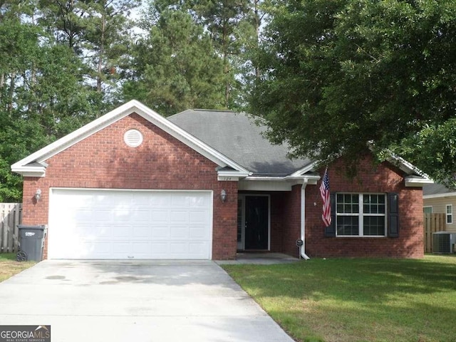 124 Fontenot Dr, Savannah, GA 31405 - single story home with concrete driveway, cooling unit, an attached garage, brick siding, and a shingled roof