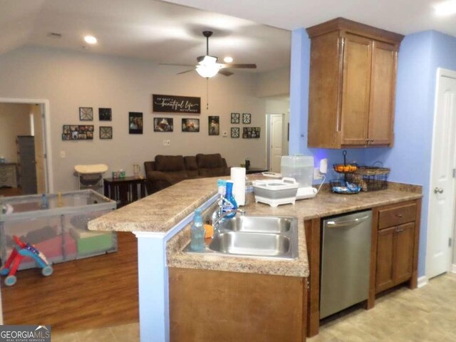 124 Fontenot Dr, Savannah, GA 31405 - kitchen featuring stainless steel dishwasher, a sink, a ceiling fan, light countertops, and brown cabinetry