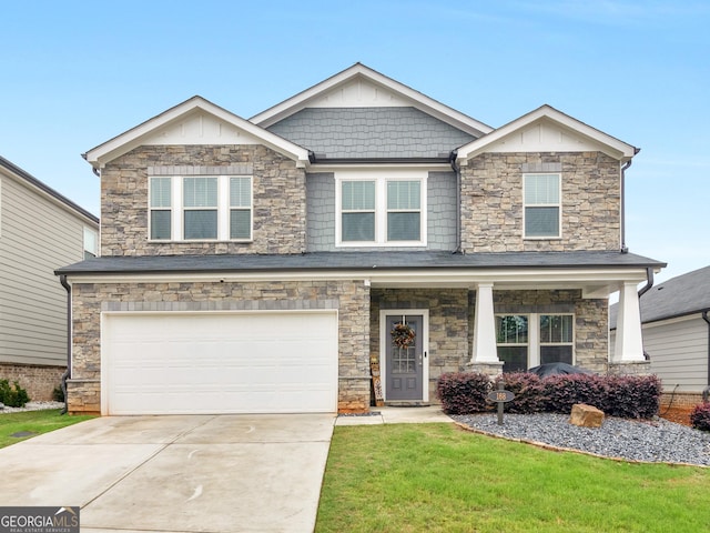 craftsman-style house featuring an attached garage, stone siding, concrete driveway, and a front lawn