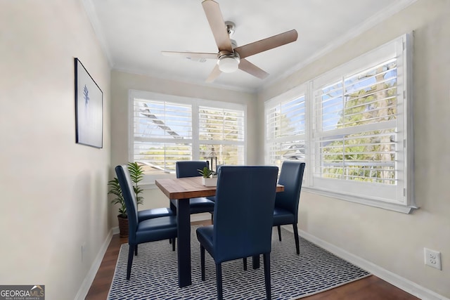 1538 Chantilly Dr NE Unit 224, Atlanta, GA 30324 - dining room with crown molding, a ceiling fan, baseboards, and wood finished floors