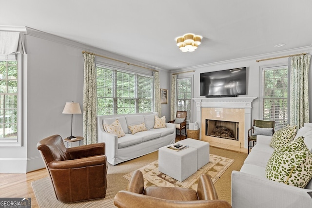 2332 Autumn Maple Dr, Braselton, GA 30517 - living room featuring ornamental molding, a premium fireplace, plenty of natural light, baseboards, and wood finished floors