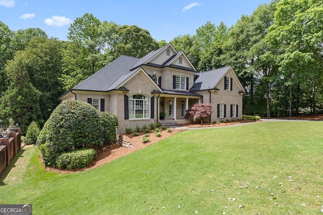 2332 Autumn Maple Dr, Braselton, GA 30517 - craftsman-style house featuring brick siding, a front lawn, view of scattered trees, and roof with shingles