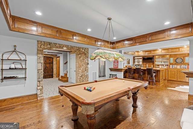 2332 Autumn Maple Dr, Braselton, GA 30517 - recreation room featuring wet bar, pool table, light wood-style flooring, and recessed lighting