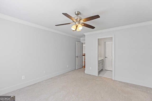 2332 Autumn Maple Dr, Braselton, GA 30517 - unfurnished bedroom with ornamental molding, light carpet, baseboards, ensuite bathroom, and a ceiling fan