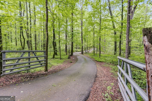 view of asphalt road featuring a view of trees