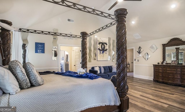bedroom with high vaulted ceiling, baseboards, and wood finished floors