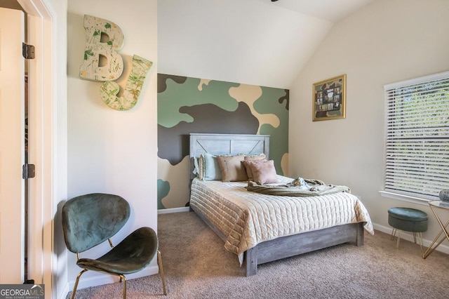 bedroom featuring carpet floors, lofted ceiling, and baseboards