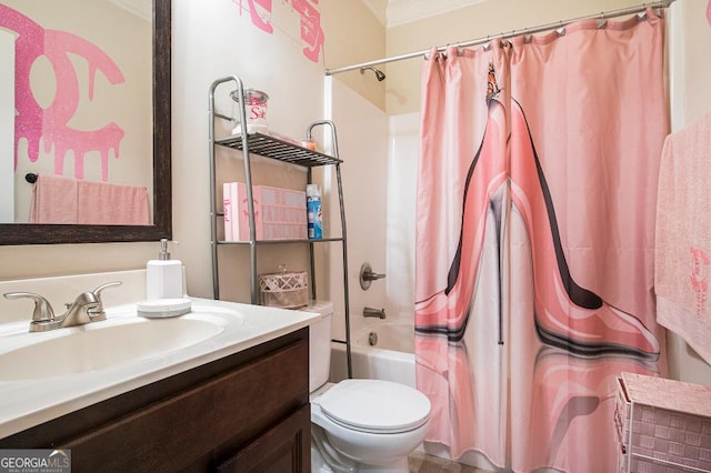full bathroom with vanity, shower / bath combo with shower curtain, and toilet
