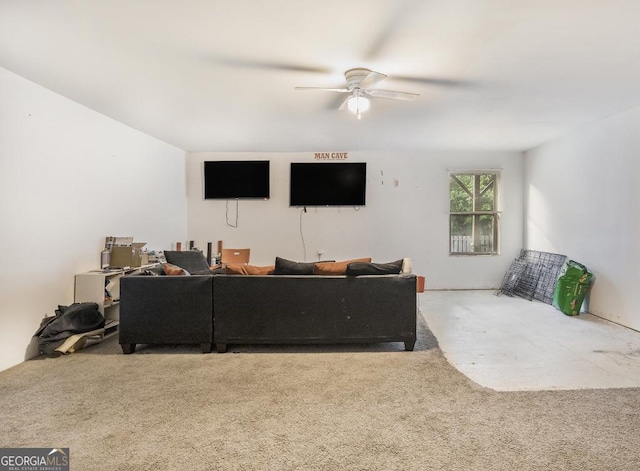 living room featuring carpet flooring and ceiling fan