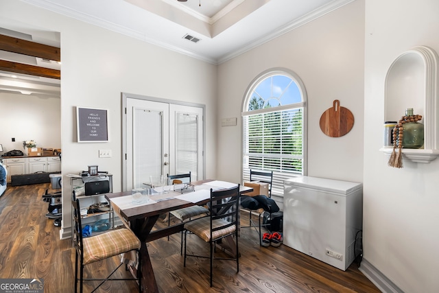 166 Freedom Ln, Commerce, GA 30530 - dining room featuring dark wood-type flooring, french doors, a desk, ornamental molding, and a raised ceiling