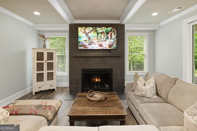 1050 Forrest Highlands, Greensboro, GA 30642 - living room featuring wood finished floors, crown molding, plenty of natural light, a fireplace, and baseboards