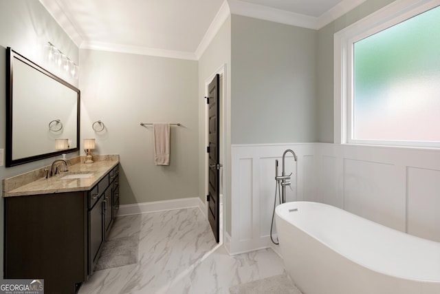 1050 Forrest Highlands, Greensboro, GA 30642 - bathroom with vanity, a soaking tub, marble look tile flooring, wainscoting, and ornamental molding