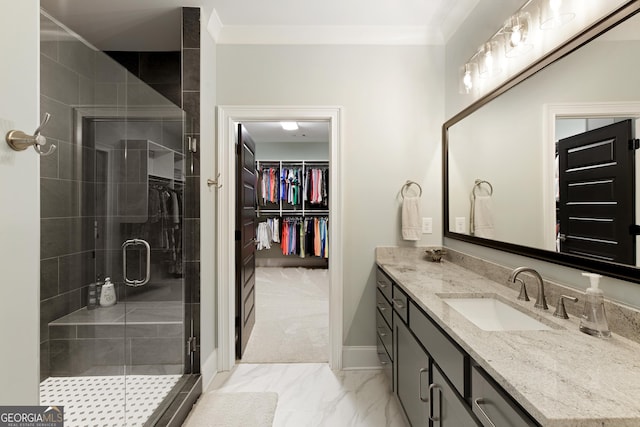 1050 Forrest Highlands, Greensboro, GA 30642 - full bath with vanity, a stall shower, marble finish flooring, crown molding, and baseboards