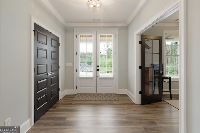 1050 Forrest Highlands, Greensboro, GA 30642 - doorway featuring french doors, crown molding, dark wood-style floors, and baseboards