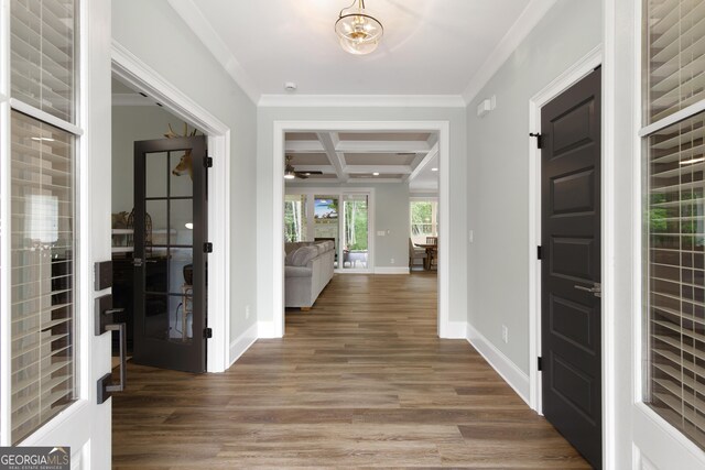 1050 Forrest Highlands, Greensboro, GA 30642 - foyer entrance with coffered ceiling, wood finished floors, french doors, crown molding, and a ceiling fan