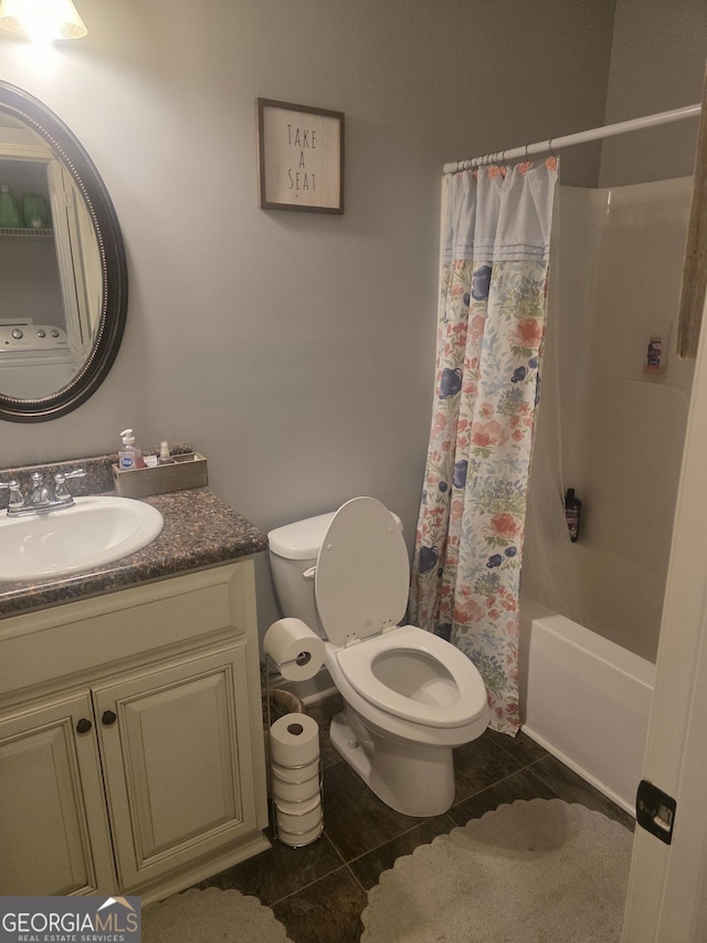 bathroom featuring toilet, vanity, tile patterned flooring, and shower / bathtub combination with curtain