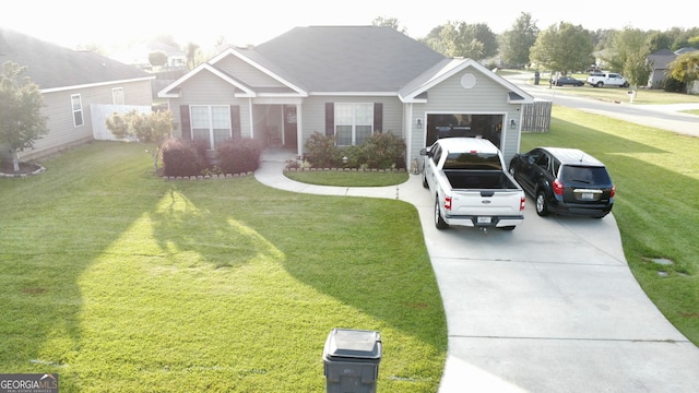 ranch-style house featuring a garage, concrete driveway, and a front lawn