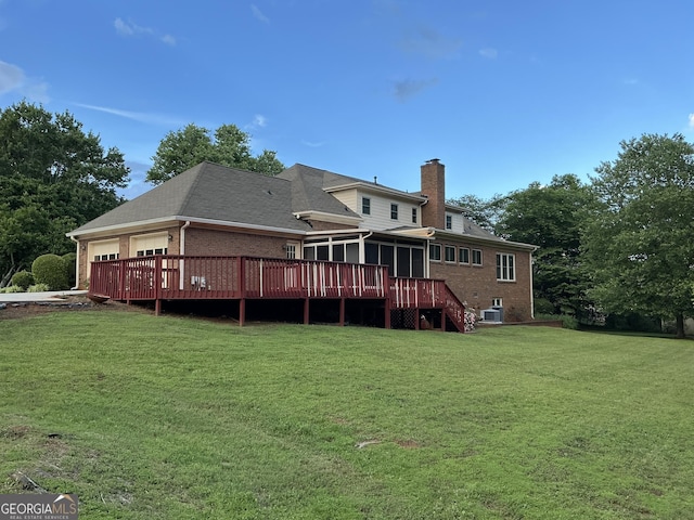 2451 Old Salem Cir SE, Conyers, GA 30013 - back of house featuring brick siding, a sunroom, a chimney, and a yard