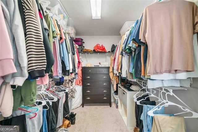walk in closet featuring light colored carpet