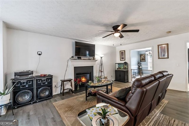 575 Chapel Walk, Lawrenceville, GA 30045 - living area featuring ceiling fan, wood finished floors, a glass covered fireplace, and a textured ceiling