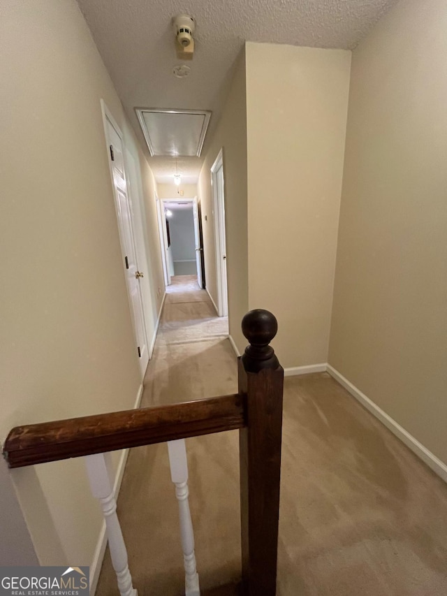 hallway with attic access, carpet, baseboards, and a textured ceiling