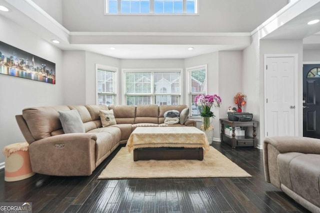 4125 Fallbrook Dr, Duluth, GA 30096 - living room featuring dark wood-style floors, recessed lighting, a high ceiling, and baseboards