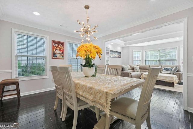 4125 Fallbrook Dr, Duluth, GA 30096 - dining room with a chandelier, dark wood-style flooring, baseboards, recessed lighting, and crown molding