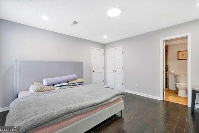 4125 Fallbrook Dr, Duluth, GA 30096 - bedroom featuring dark wood finished floors, baseboards, recessed lighting, and ensuite bathroom