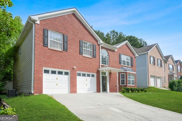 4125 Fallbrook Dr, Duluth, GA 30096 - view of front facade with concrete driveway, a garage, a front yard, brick siding, and a residential view
