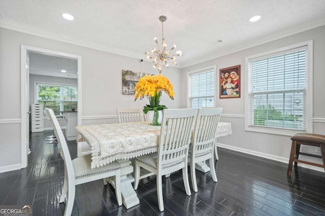 4125 Fallbrook Dr, Duluth, GA 30096 - dining room with a chandelier, dark wood-style floors, baseboards, recessed lighting, and ornamental molding