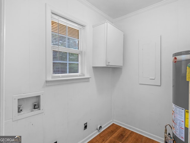 2609 Lake Harbin Rd, Morrow, GA 30260 - laundry area with cabinet space, hookup for an electric dryer, water heater, hookup for a washing machine, and dark wood-type flooring
